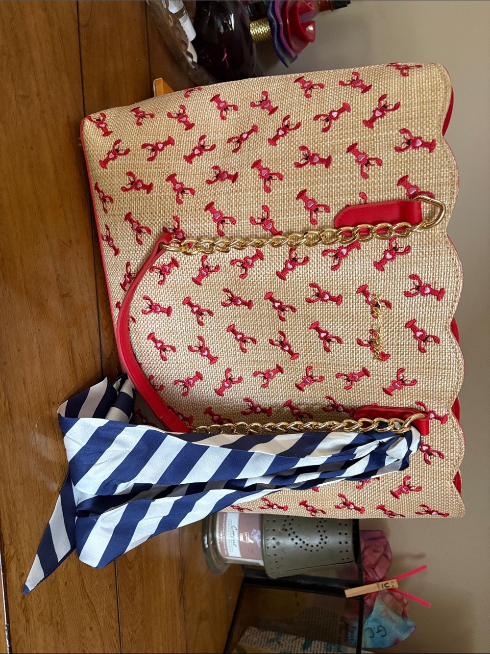Betsey Johnson Red and Natural Scalloped Tote with Stripe Scarf
